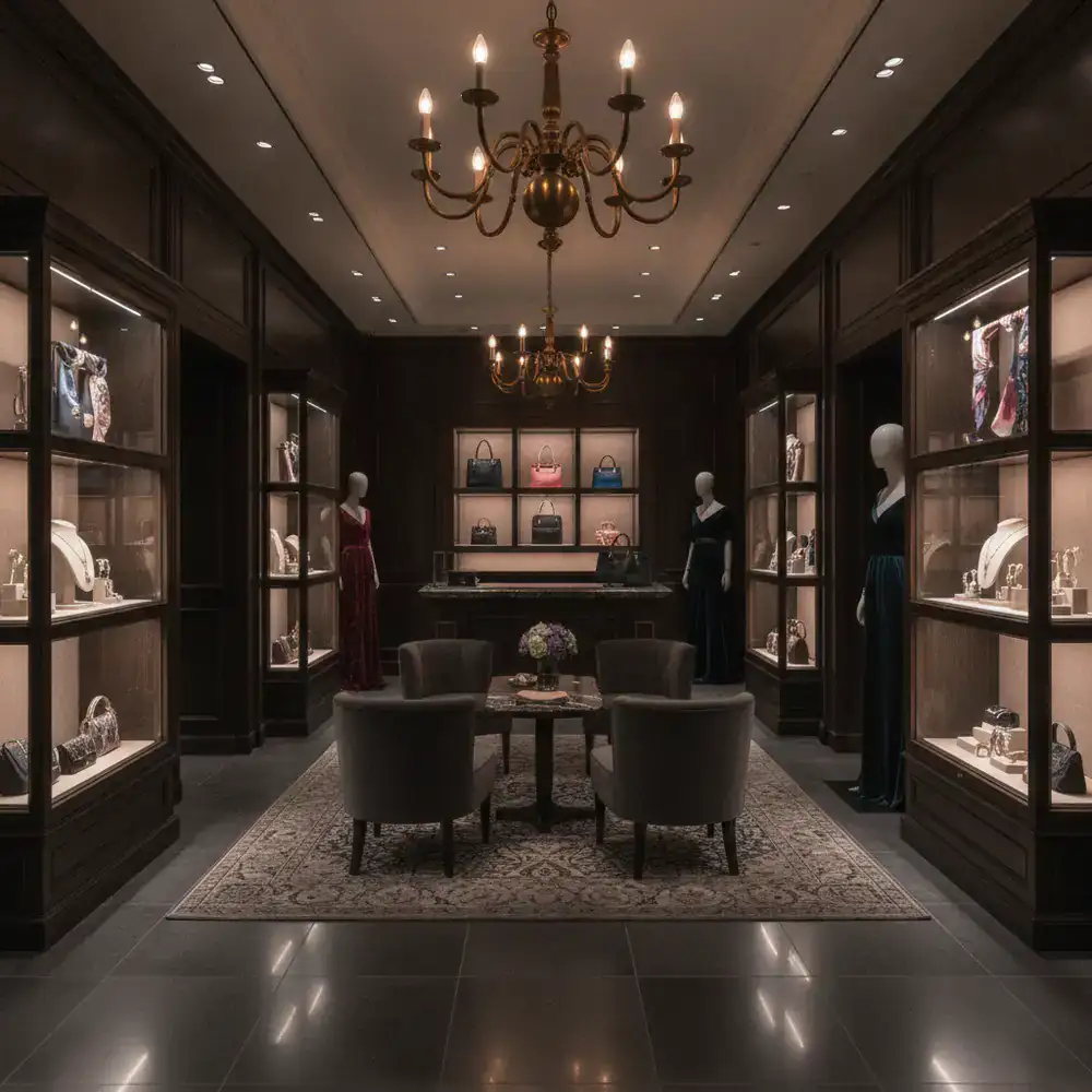 Interior elegante de la boutique mostrando vitrinas iluminadas