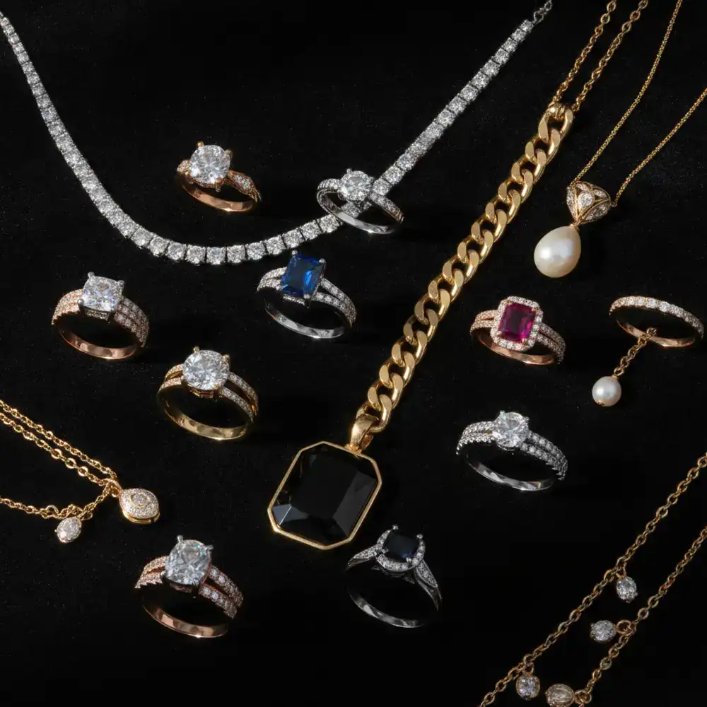 Colección de anillos y collares sobre fondo oscuro