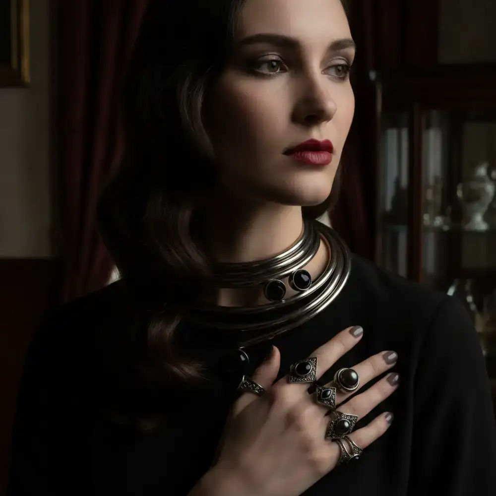 Modelo luciendo un collar exclusivo y anillos de diseño