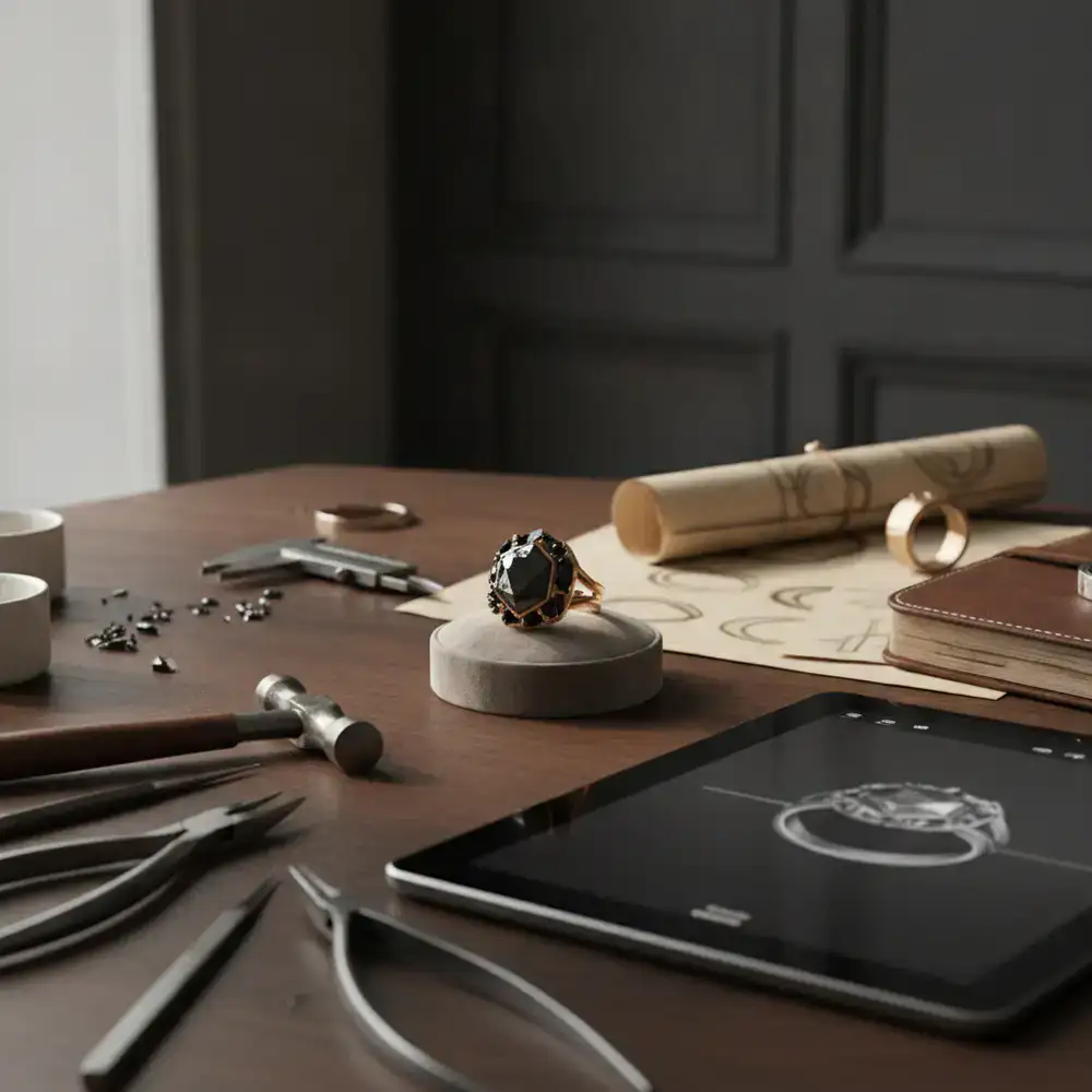 Mesa de trabajo mostrando un anillo en proceso de diseño
