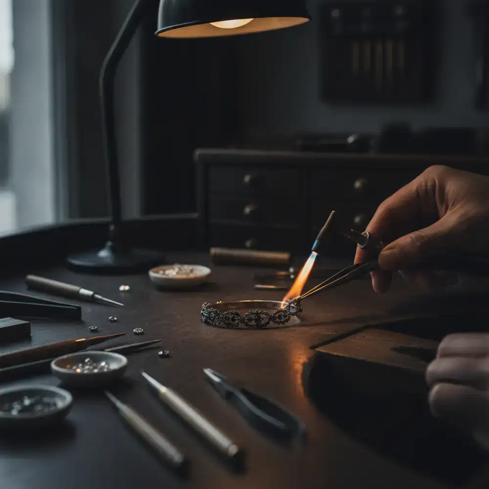 Herramientas de joyería trabajando de cerca en una pulsera